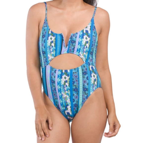 Lucky Brand V-neck Underwire One Piece Swimsuit Blue Floral Boho - Picture 1 of 15